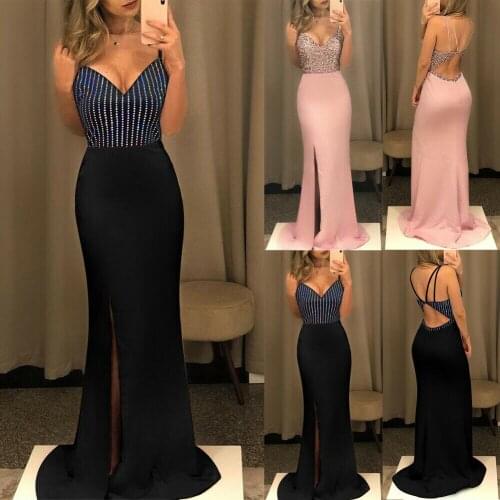 Sexy Women Sequins Sparkle Spaghetti Strap Deep V neck Backless High Slit Side Split Bodycon Maxi Long Formal Party Dress