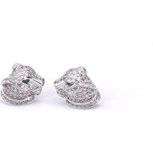 New Zircon Leopard Head Stud Earring Unisex Animal Green Eyes Panther Earring Zircon S925 Ear Pin Women Girl Party Jewelry