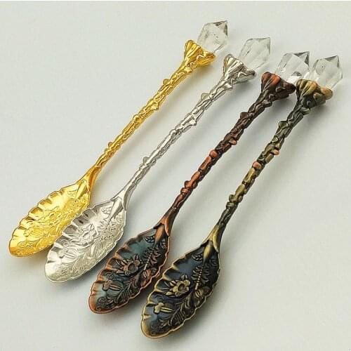 Vintage Spoon Alloy Crystal Coffee Mini Tea Spoon Afternoon Tea Little Gift Exquisite Gold Branch Shape Kitchen Dining Bar Spoon