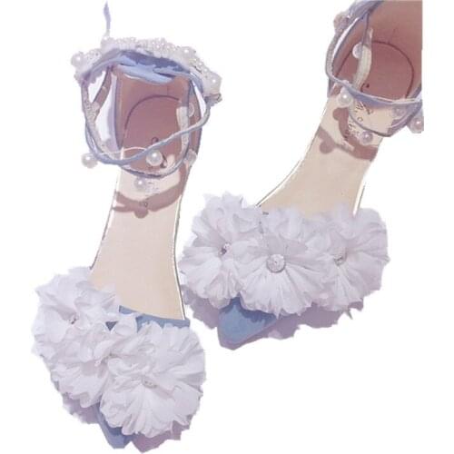 Flower blue pointed shallow shoes womens sandals Roman shoes Vintage Sweet girl Shoes Victoria Kawaii cos Lolita loli shoes