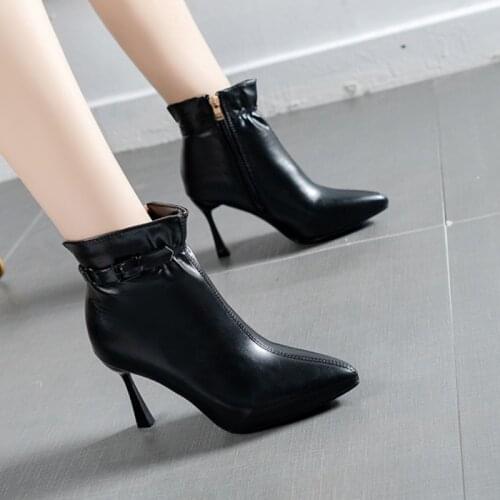 Ankle Boots Women Fashion Pointed Toe High Heel Shoes Winter Ankle Boots Lace Up Zip Ladies Shoes Black Pink Boots