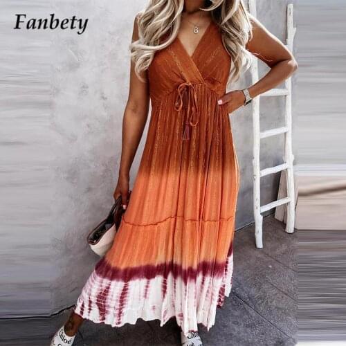 2021 Summer New Sexy Sling V Neck Tassel Dress Women Elegant Tie-Dye Drape Long Dress Fashion Retro Drawstring Beach Party Dress