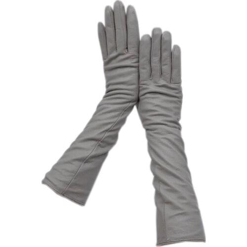Winter Ladies 40cm Fashionable leather long gloves long arm sleeves gray light board thickened sheepskin 2020 warmth new autumn