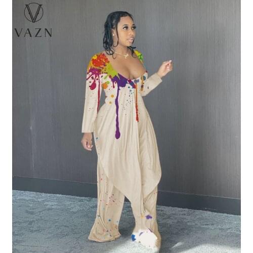 VAZN 2021 Autumn Asymmetrical High-end Free Holiday Full Sleeve Long Wide Leg Pants Skinny Women 2 Piece Set