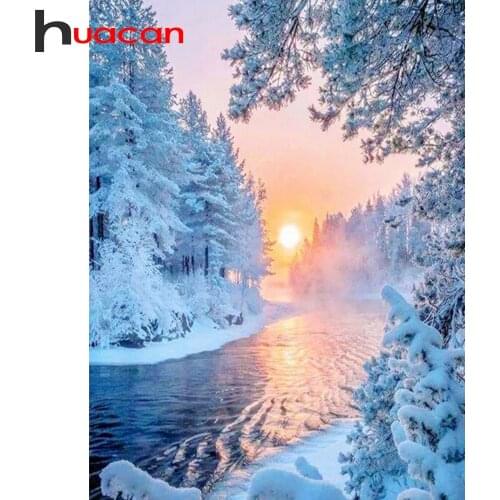 Huacan Winter Diamond Mosaic Landscape Full Layout Diamond Painting Snow River Cross Stitch Kit Diamond Embroidery New Arrival