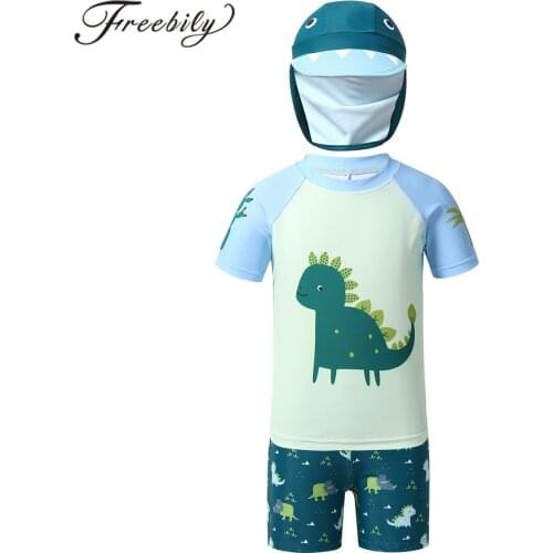 Children Swimsuit Short Sleeves Bathing Suit Kids Boys Tankini Swimwear Sets Dinosaur Printed Tops + Swim Bottoms Swimming Cap