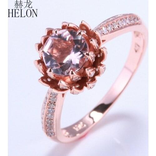 HELON Solid 14k Rose Gold Flawless 6mm Round Morganite Diamonds Engagement Ring Lotus Flower Women Fine Jewelry Diamonds Ring