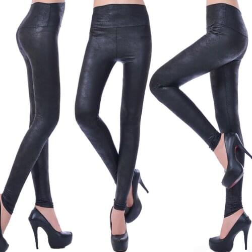 Fashion Sexy Women Shiny Metallic High Waist Black Stretchy Imitation Leather Leggings Pants XS S M L 30PCS