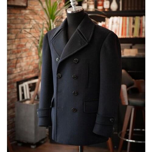 Mens Woolen Coat Winter Solid Black Double-Breasted V-Sleeve Long Jacket Casual Fashion Handsome Overcoat
