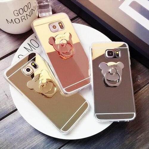 Soft TPU Mirror Case with 360 Degree Bear Finger Ring Stand Phone Holder Cover for Samsung S10 S6 S7 edge S8 S9 Plus Note 10 8 9