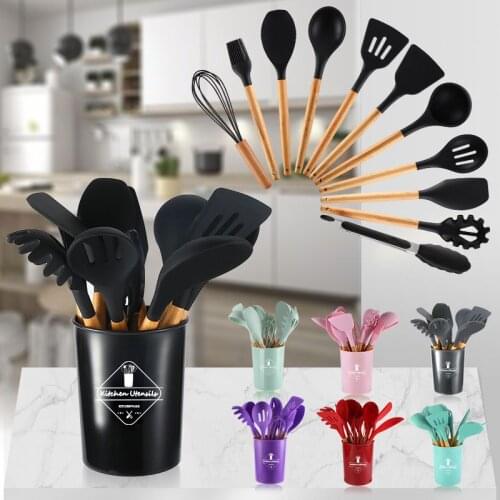 11pcs/set Kitchen Cooking Utensils Set Non-Stick Silicone Kitchenware Wooden Handle Baking Tools With Storage Box Kitchen Tools