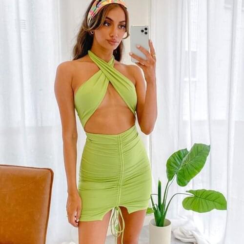 Backless Halter Mini Dress Women 2021 Summer Sleeveless Dress Beach Party Club Outfit Green Sexy Bodycon Dresses Evening Vestido