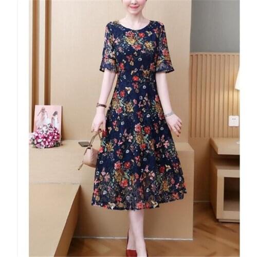 A Line Vintage High Waist Short Sleeve Loose lady Dress plus size O Neck Print Summer Dress elegant Women