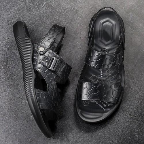 Mens Sandals Sandals Mens Beach Toe Layer Cowhide Platform Dual-use Slippers Men Mens Shoes