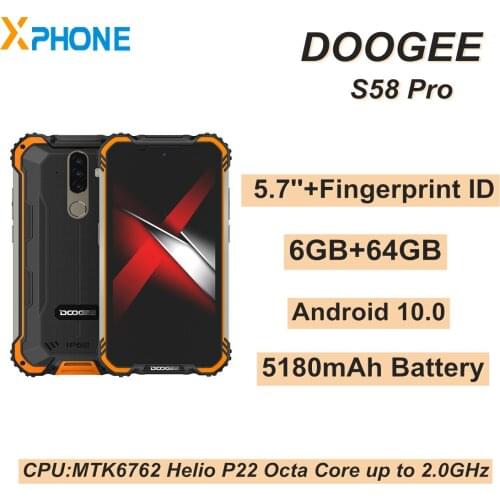 DOOGEE S58 Pro Mobile Phone 6GB 64GB 5.7 inch 5180mAh Android 10.0 Fingerprint ID NFC 4G Network Triple Proofing Smartphone
