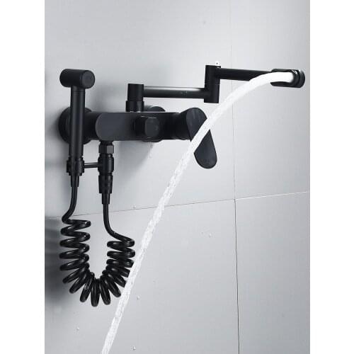Bathroom Basin Faucets Solid Brass Black/Chrome Sink Mixer Tap Hot & Cold Lavatory Crane In-Wall Mounted Mop Pool Fold Faucet