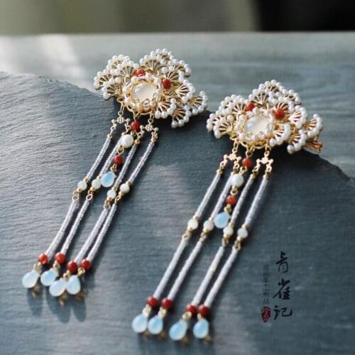 Vintage handmade hair bun kimono COSPLAY pearl beaded cloud tassel hairpin clip crown Hair accessories Headwear do-up tools
