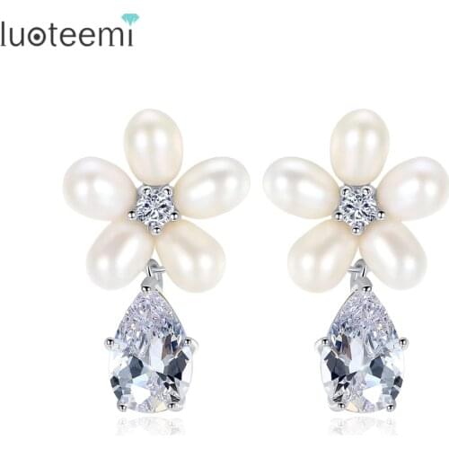 LUOTEEMI Vintage New Flower Stud Earrings Waterdrop Round Zircon with Natural Pearls Brincos for Women Wedding Party Jewelry