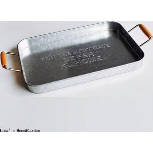 Vintage retro rectangle galvanized metal tray with handles