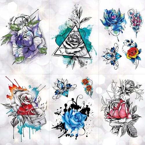 Waterproof Temporary Tattoo Sticker Black Flower Pattern Minimalist Color Rose Water Transfer Arm body Art Flash Fake Tatoo