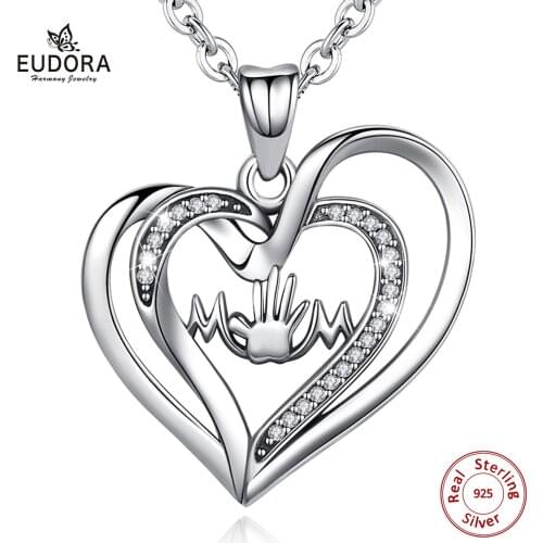 Eudora 925 Sterling Silver Clear Crystal Pendant heart Necklace hand fashion Jewelry Women Valentines Day gift with Box D617