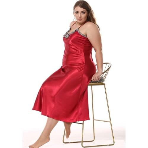 Factory Outlet Satin Silk Nightdress Womens Big Size Imitation Silk Nightgowns Lace Sexy V-Neck Sling Long Sleeping Dress 95051