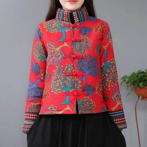 Women Chinese Traditional Costumes Plus Size Winter Thicken Jacket New Year Embroidery Flower Stand Collar Ethnic Coat Tang Suit