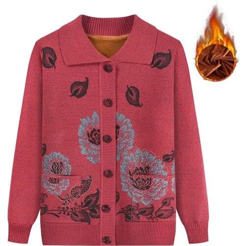Ladies Jacket Plush Thick Warm Jacket Women Sweater Middle-aged Mom Wear O-Neck Top Single Breasted Knit Sweater Casual Sweater