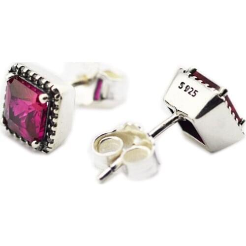 Timeless Elegance Stud Earrings with Red & Clear CZ 100% 925 Sterling-Silver-Jewelry Free Shipping