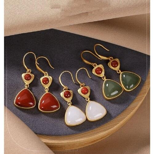 S925 Sterling Silver Inlaid Natural Hetian Jade White Jade Sapphire Red Agate Geometric Shape Ladies Earrings Ear Jewelry