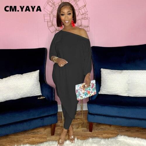 CM.YAYA Women Set Solid Half Sleeve Skew Collar Loose Asymmetrical Long Tops Skinny Pants Two Piece Set Tracksuit Summer Outfit