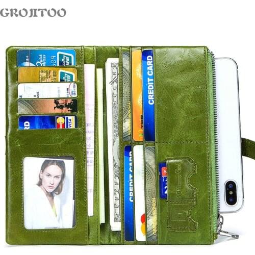 GROJITOO 100%Genuine leather women cluch wallet credit card holder multi-card female handbag cowhide wallet pocket Phone bag