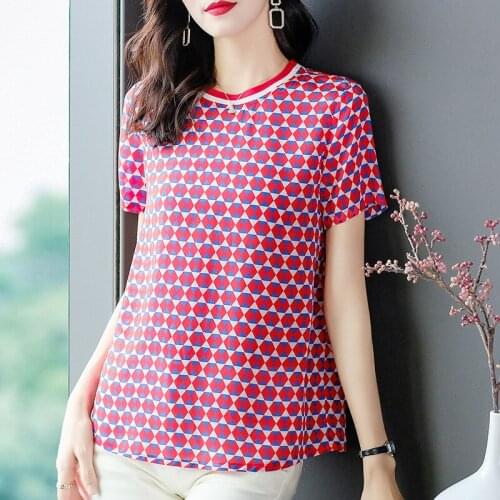 New spring womens red plaid printed silk top mulberry silk ladies short-sleeved t-shirt