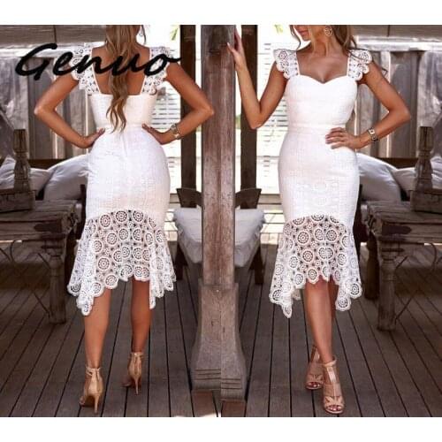 Genuo New Women Hollow Out Crochet Bodycon Lace Dress Solid Sleeveless Knee-Length V-Neck Elegant Summer Sheath Party Dress