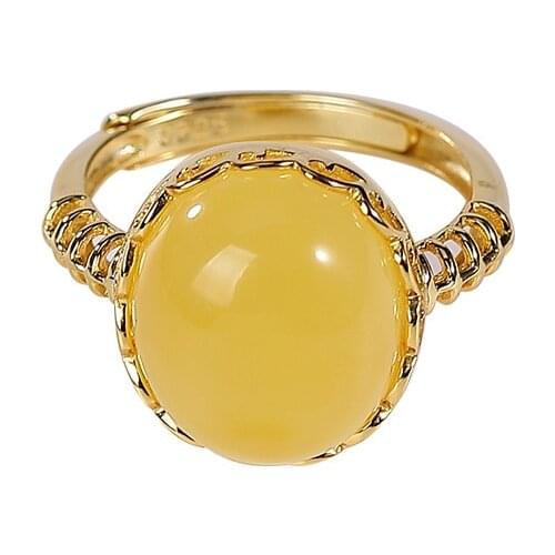 S925 sterling silver gold-plated natural amber beeswax ring simple classy and all-matching egg noodles Womens Open ring