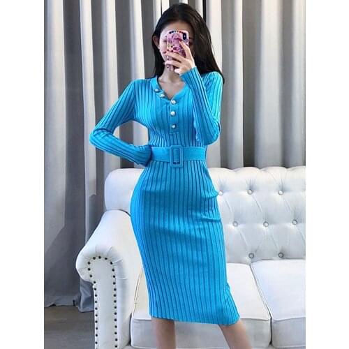 Autumn Pink Wrap Hip V Neck Long Sleeve Knitted Dress Women Sashes Slim High Waist Sexy All-match Vestido Mujer Feminino Solid
