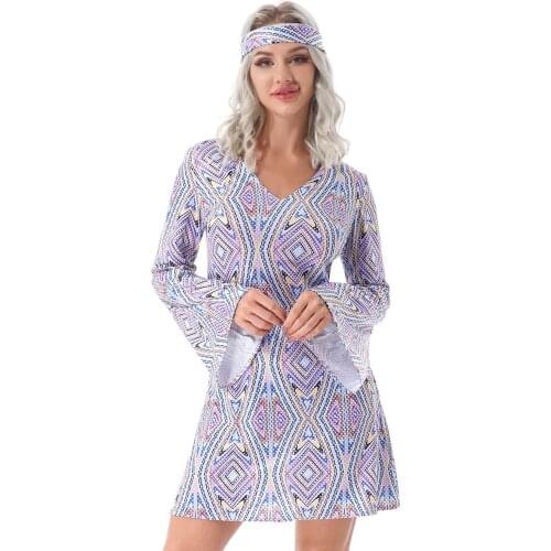 Elegant Women Geometric Print Vintag Dress + Headband Set Theme Party Club Sexy V Neck Long A-line Sleeves Dresses Boho Vestido