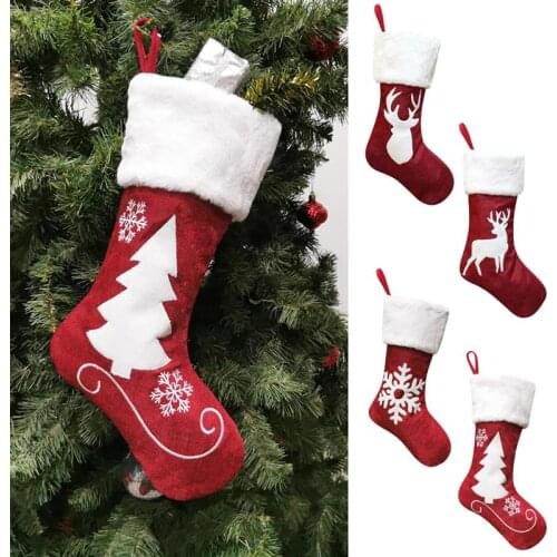 1pc Christmas Stockings Lovely Elk Snowflake Tree Pattern Gift Stockings Hanging Ornament For Christmas Party Childrens Gifts