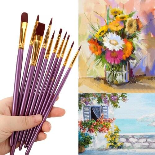 10Pcs/Set Artist Paint Brush Set Nylon Hair Watercolor Art Supplies Purple Acrylic Drawing Oil Painting Brushes
