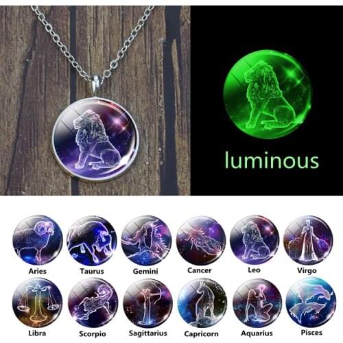 12 Constellation Luminous Necklace Glass Pendant Zodiac Sign Necklace Glow In The Dark Jewelry Men Women Birthday Gifts