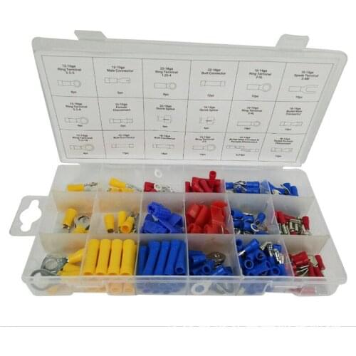 160Pcs 24value Assorted Insulated Electrical Wire Terminals Crimp Connector Spade Butt Ring Fork Set #4 to 1/4"