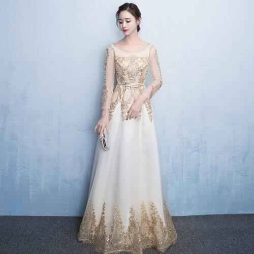 Noble Golden Sequins Long Pearl Lace Banquet Fashion Evening Dress Fashion Lady Host Elegant Birthday Party Wedding Dress A052
