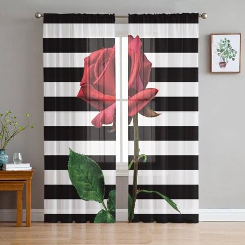 Black And White Striped Red Rose Flower Sheer Curtains for Living Room Modern Voile Curtain Bedroom Tulle Curtains Window Drapes