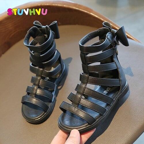 Kids Shoes for Girl Sandals Children Roman Shoes 2021 Summer New Pu Leather Girls Princess Bow Sandals High Tube Gladiator Shoes