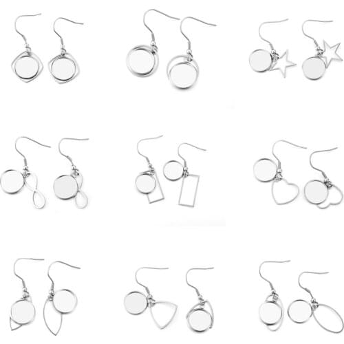 20pcs/lot 12mm Stainless Steel Geometric Bezel Charms With Tray Cabochon Earring Hook Base Blank Setting For DIY Jewelry Making