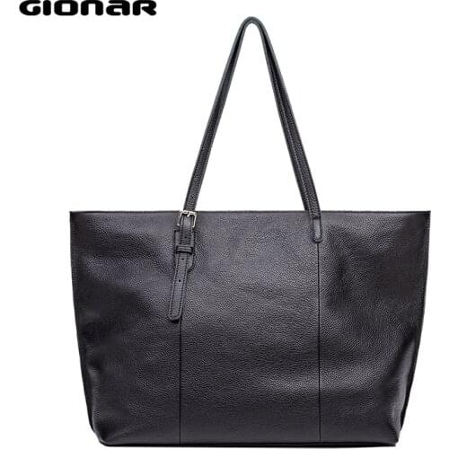 GIONAR Genuinle Leather Black Zipped Closure Tote Purse Luxury Handbags Women Designer 2020 Large Daily Work Laptop Shoulder Bag