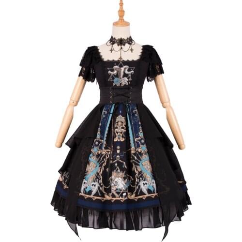 Gothic Black Lolita One Piece Dress Short Sleeve Printed Lace and Ruffles Lolita OP Dress