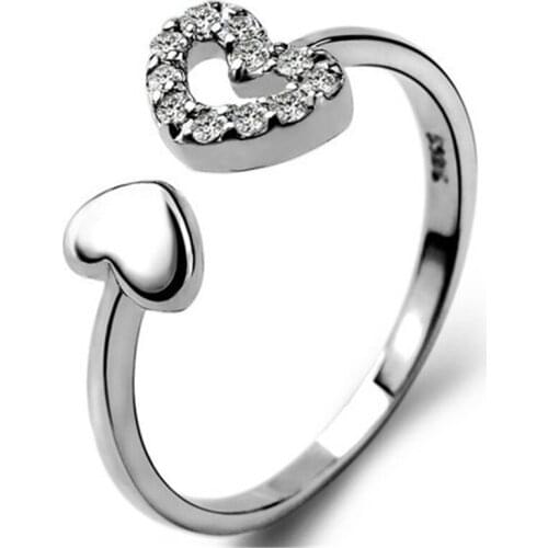 HEYLUOKE 100% Lovers' Ring Two Hearts Clear CZ Open Size Finger Rings for Women Wedding Engagement Jewelry