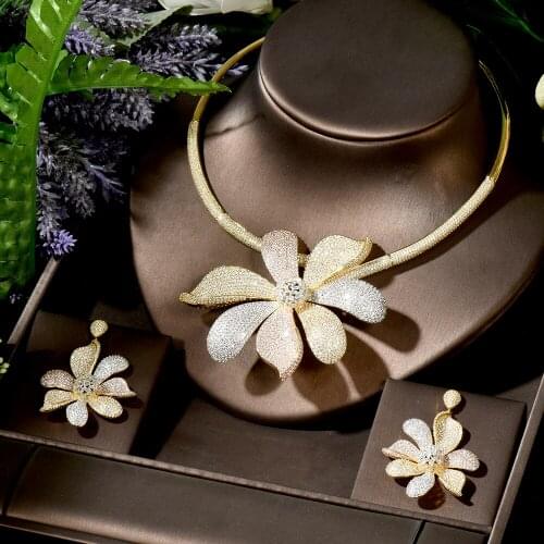 HIBRIDE Super Luxury Big Flower Blossom Full Micro Cubic Zirconia Women Wedding Dress Necklace Earring Jewelry Set N-1759