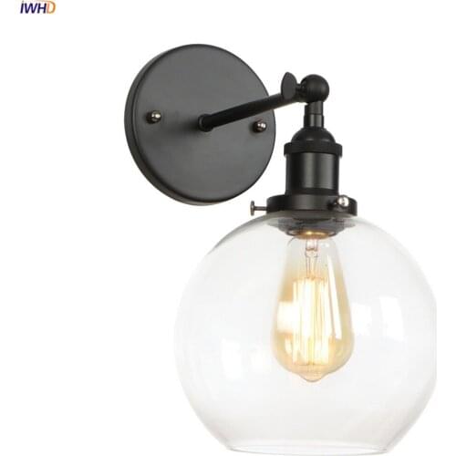 IWHD Black Glass Ball LED Wall Light Fixtures Edison Beside Bathroom Mirror Stair Loft Decor Industrial Vintage Wall Lamp Sconce